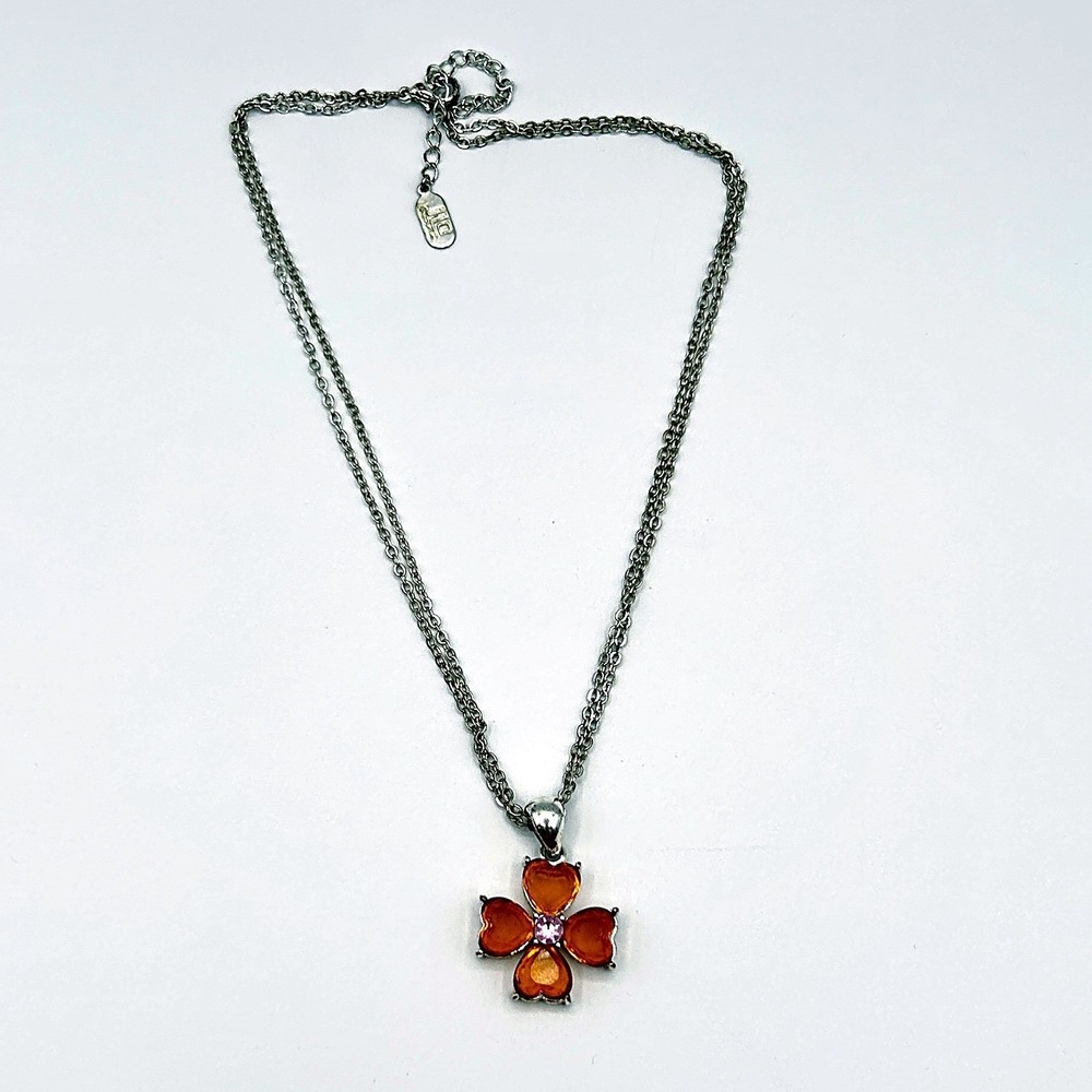 JLO by Jennifer Lopez Clover Pendant Necklace Orange Heart Rhinestone Silver OS